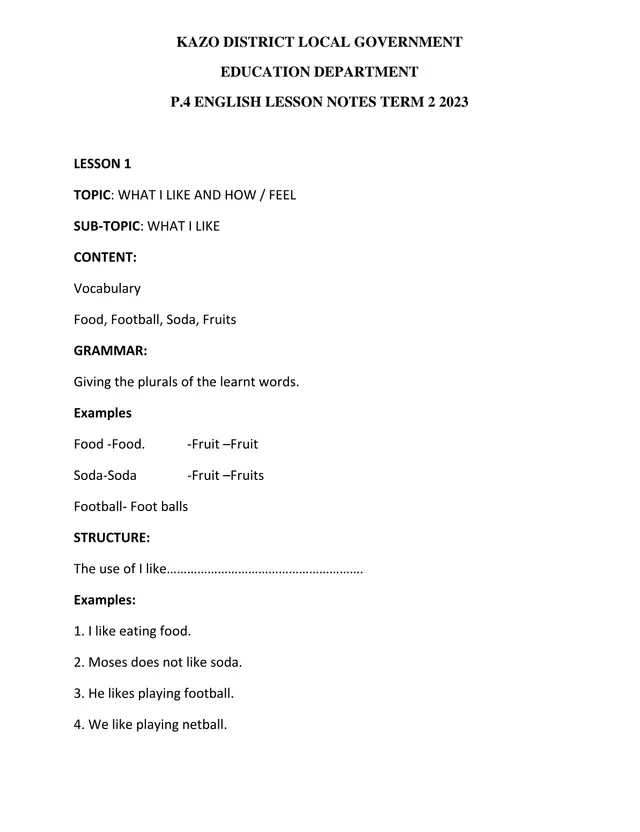 Cover of P.4 English Lesson Notes Term 2 2023 – Kazo District (P4 English Notes)