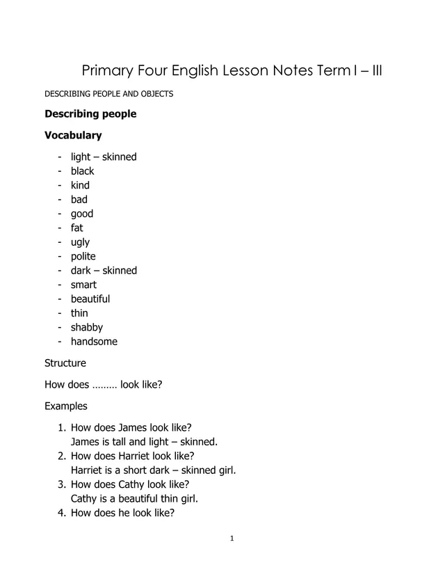 Cover of Primary Four English Lesson Notes (Terms I–III) (P4 English Notes)