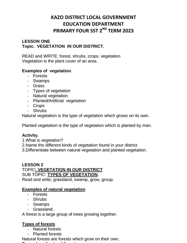 Cover of Primary Four SST Lesson Notes Term 2 2023 – Vegetation and People in Our District (P4 Social Studies Notes)