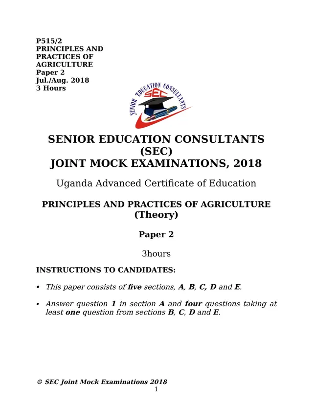 Cover of UACE Principles and Practices of Agriculture Paper 2 (P515/2) SEC Joint Mock 2018 (S6 Agriculture Past Paper)